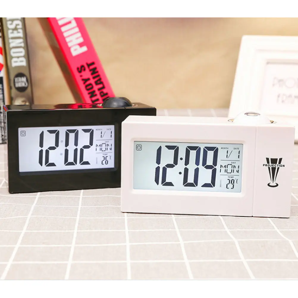 LED Digital Projection Alarm Clock with Wall Ceiling Time Temperature Display 90 Degree Adjustable Modern Bedroom Clock 12 24