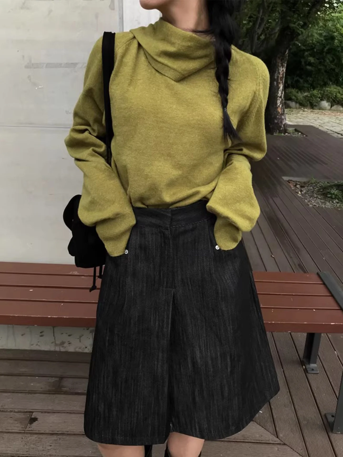 Chic Long Sve Knitted Scarf Ne Hanging Design Pure Color Versatile White Enhancing Women's Top Korean Sle Loose Fit