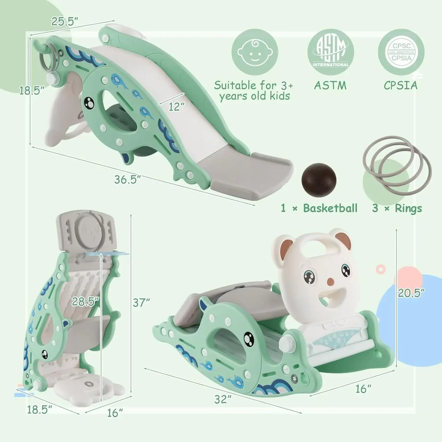 4 in 1 Toddler Slide Rocking Toy, Slide for Kids with Basketball Hoop and Ring Game, Rocking Horse, Foldable Climber Playground