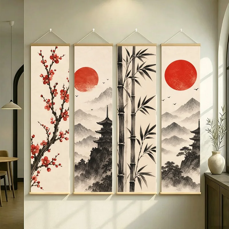 Wall Art Monochrome Bamboo Stalks and Delicate Leaves, Japanese Zen Pearlescent Canvas Hanging Scroll for Tatami Room