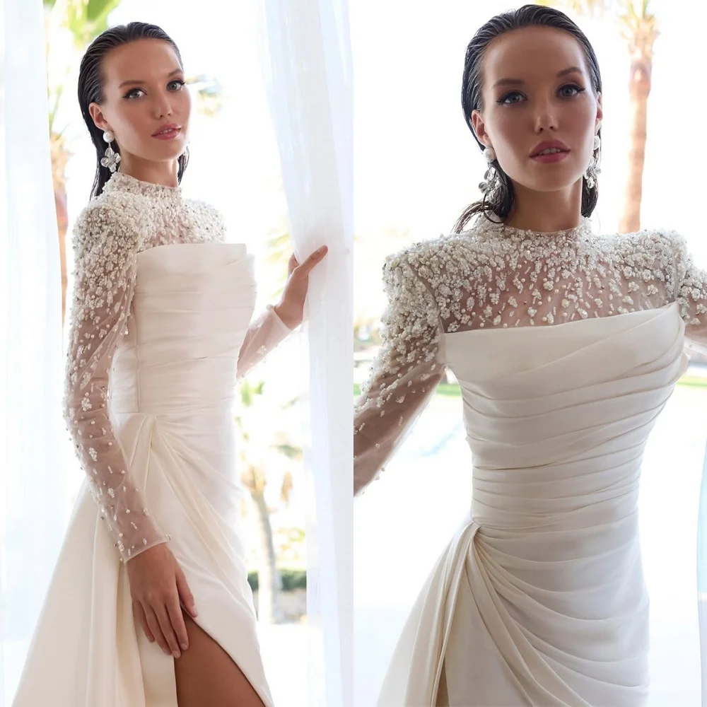 

Customized Soft White Jersey Evening Dresses Formal O-Neck Long Sleeves Homecoming Dresses Classic Special Occasion Gowns