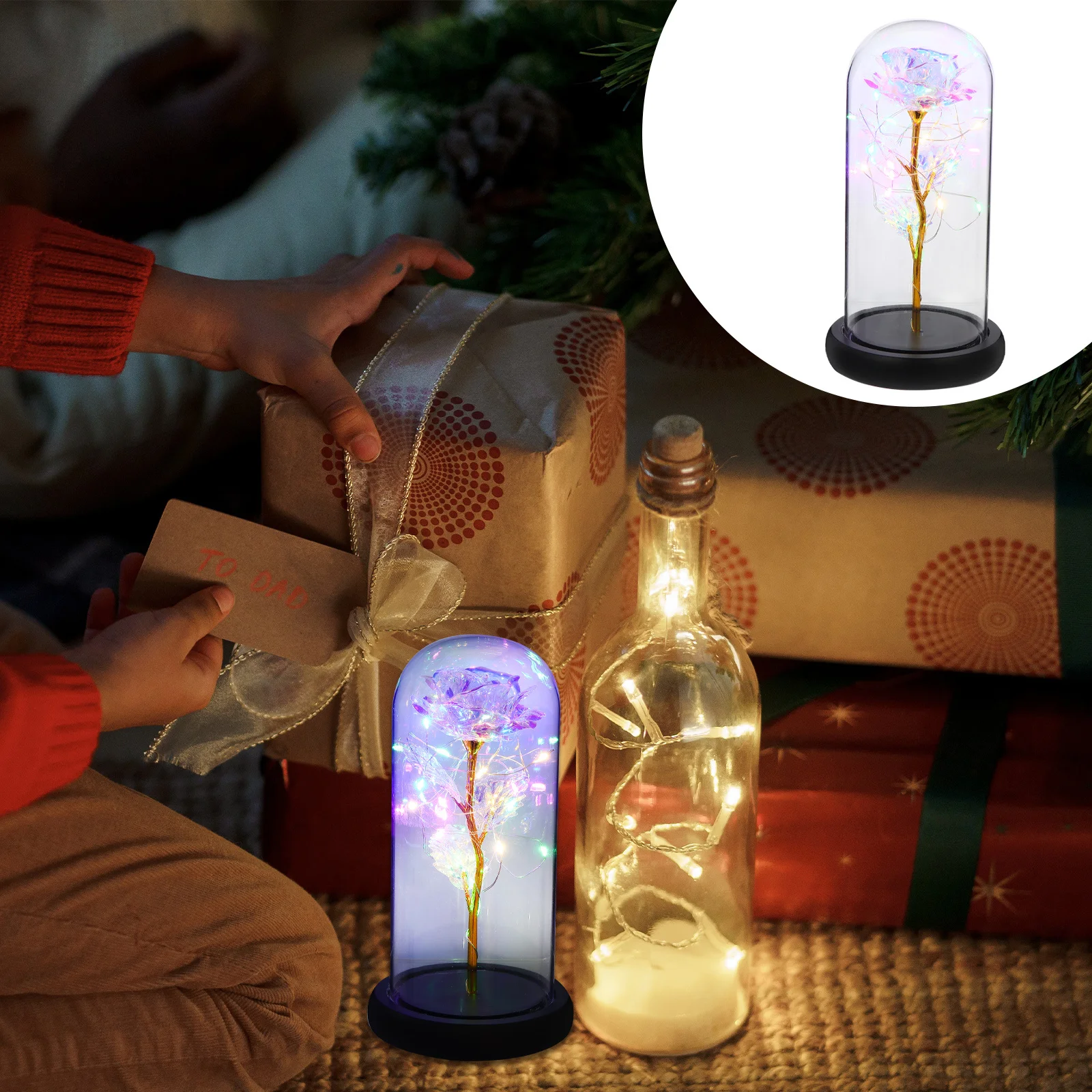 غطاء زجاجي مضيء مقلد وردي إبداعي هدية عيد الحب رومانسية محفوظة على شكل زهرة ديكور منزلي #1