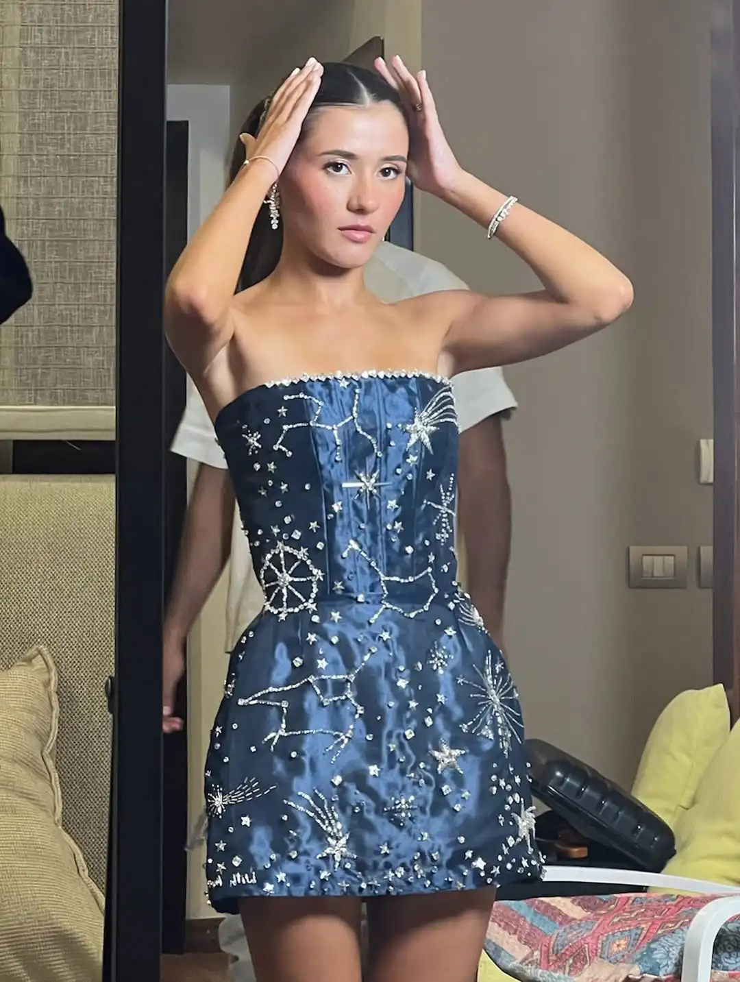 Luxuriöses, trägerloses Sternmuster, Kristallperlen, Satin, Mini-Korsett, Cocktail-Abend, Abschlussball, Hochzeit, formelle Party, besondere Anlässe