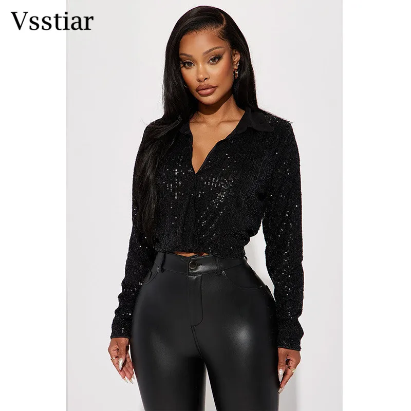 Vsstiar-Camisa feminina de lantejoulas com gola virada para baixo, manga comprida, tops elegantes, roupa de festa de inverno, blusa glitter, moda feminina, 2023