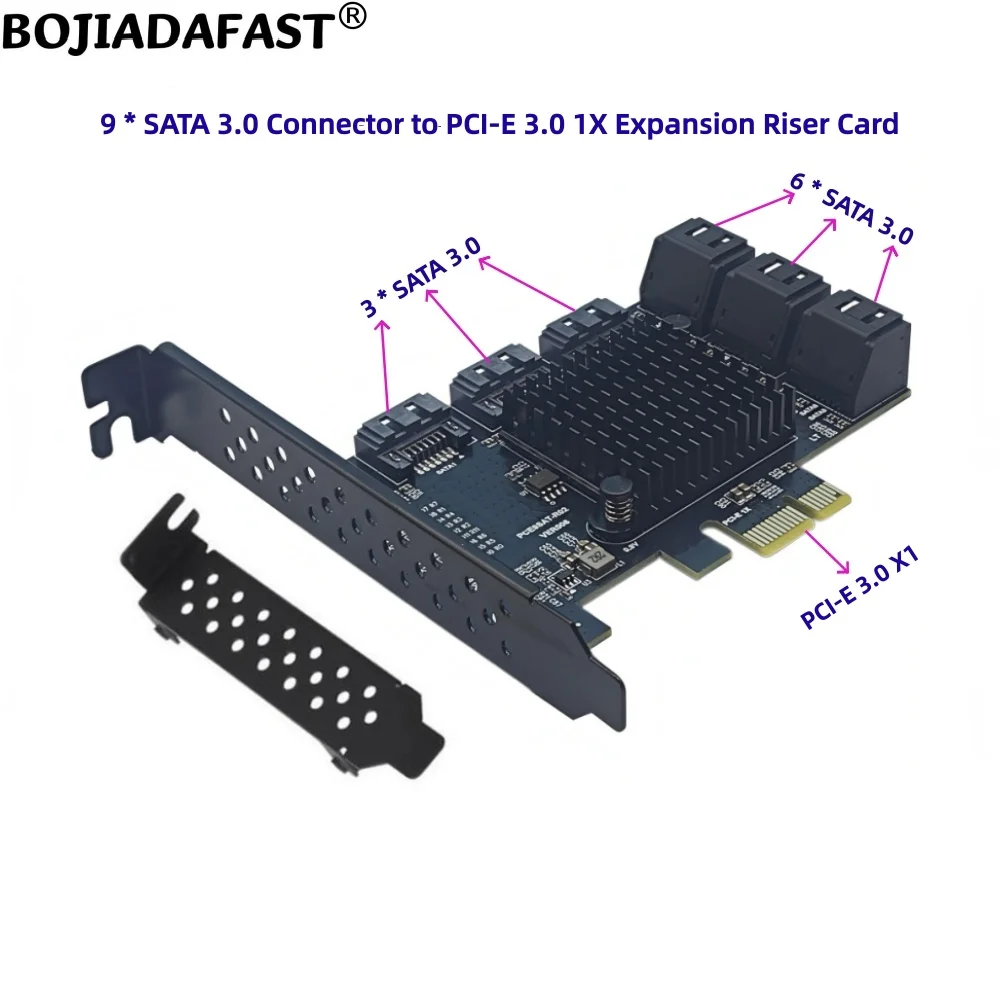 9 Ports SATA 3.0 7PIN to PCe 1X PCI-E X1 Adapter Expansion Riser Card 6Gbps for HDD Hard Disk Drive
