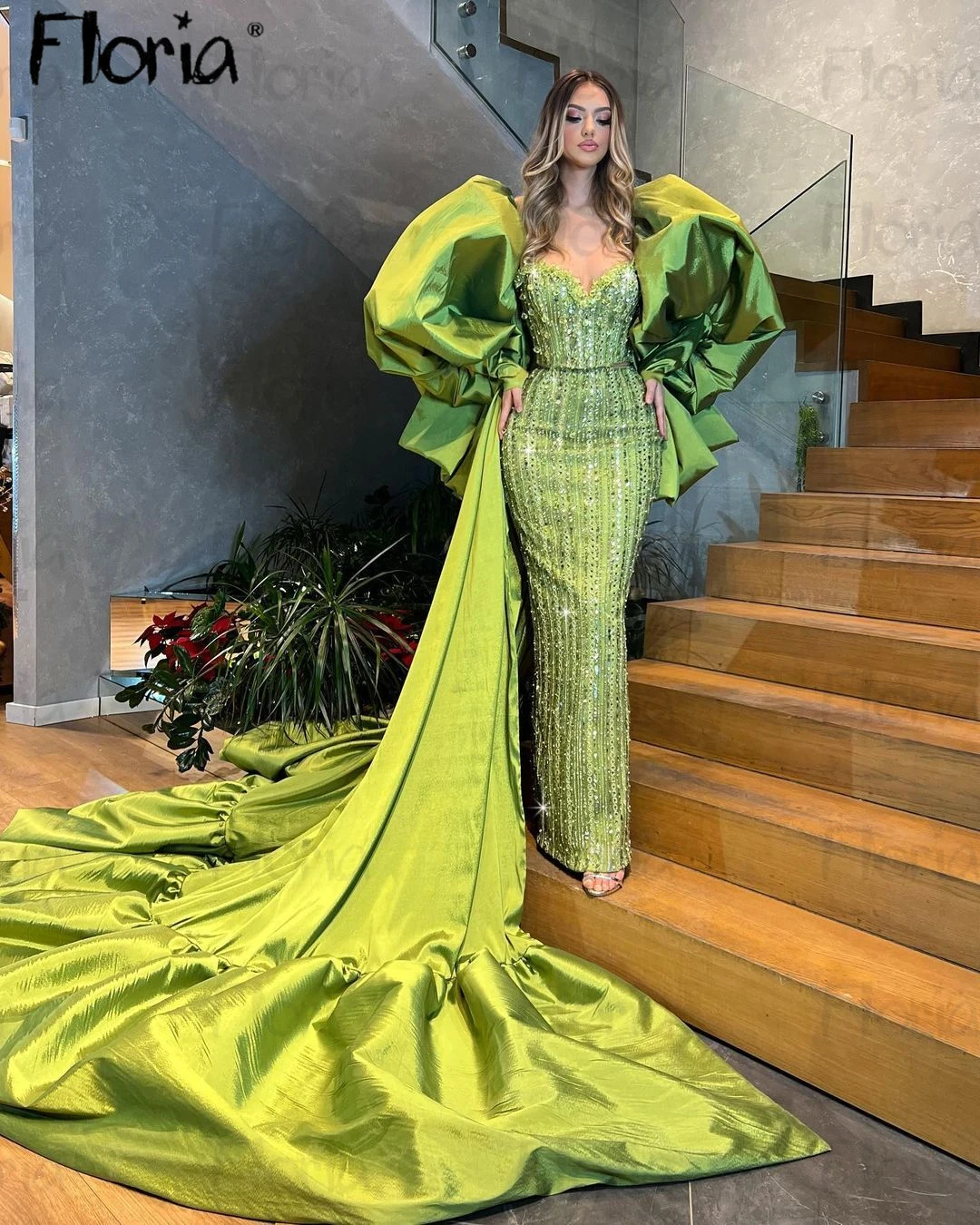 South African Lemon Green Formal Evening Dress Luxury 2024 New Celebrity Influencer Dress Bubble Sleeve Vestidos De Fiesta