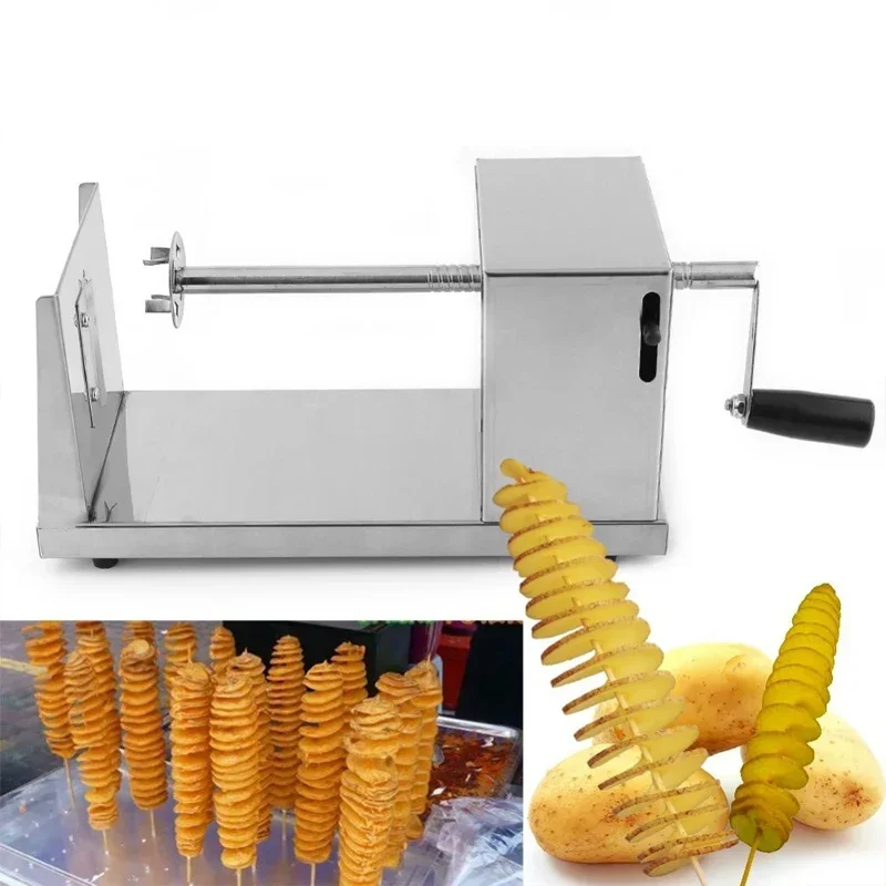 Hand-cranked potato tower machine, household rotary potato slicing machine with manual tornado mechanism.