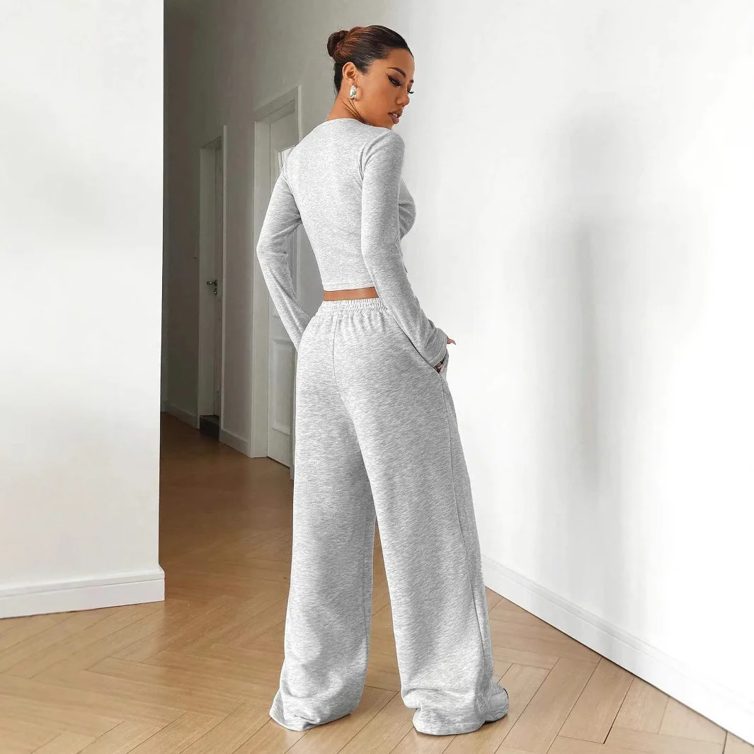 Solid Color Round Neck Long Sleeved Slim Fit T-shirt Sports Pants Set Two-piece Set for Women