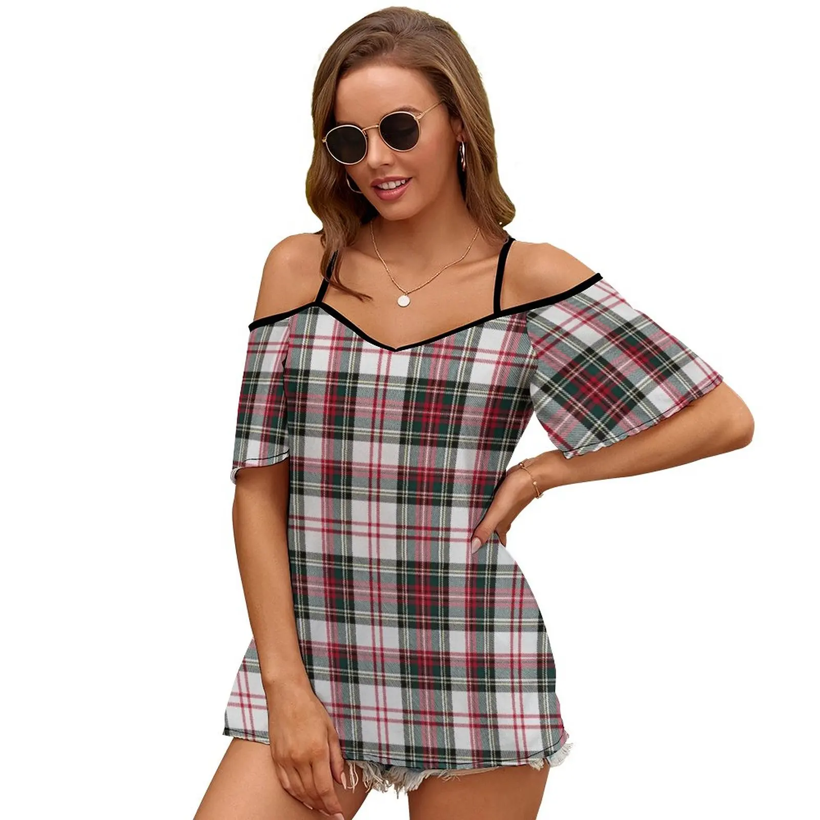 Clan Stewart Dress Tartan Plaid Pattern Tartan Stuart Slit Sleeve Cold Shoulder Print Women T Shirt Casual Summer Tee Tshirt