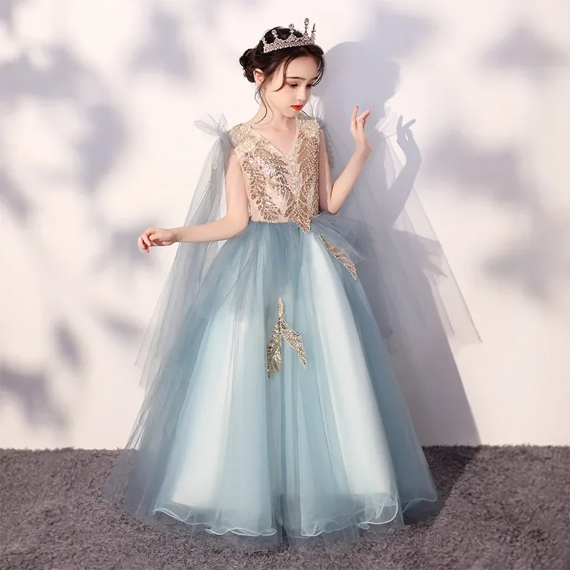 Long Kids girl wedding dress children\'s luxury party dress 12 to 14 years Tulle First  Communion Ball Gown formal prom dresses