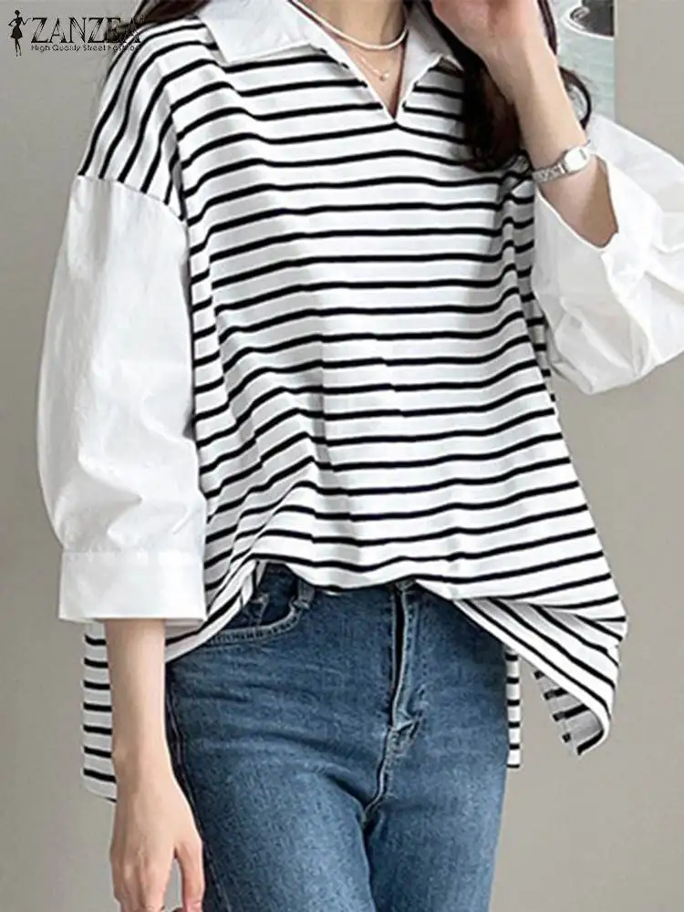 ZANZEA Fashion Lapel Neck 3/4 Sleeve Striped Patchwork Top Autumn Women Blouse Elegant Shirt Casual Fake Two Pieces Party Blusa