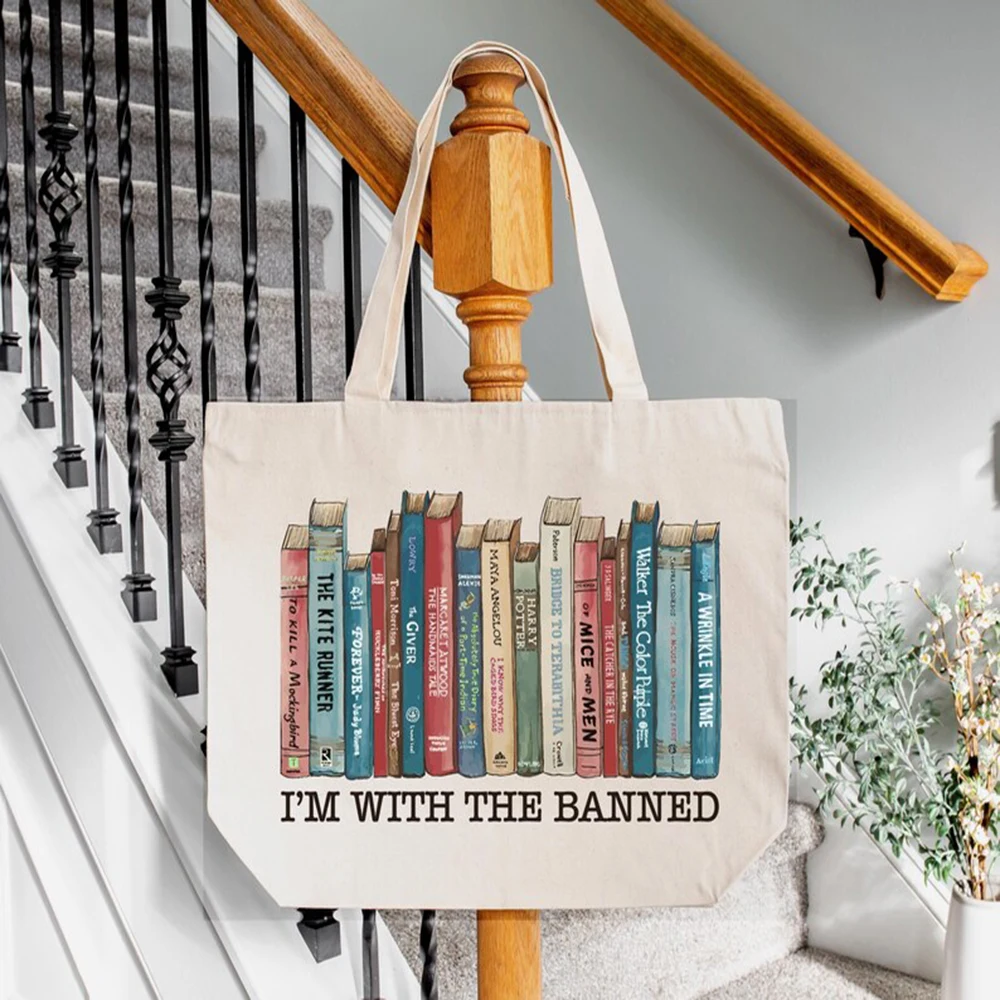 

Books Tote Bag Im With The Banned Vintage Tote Bag Funny Canvas Shoulder Bag Reader Gift Book Club Reusable Shopping Tote