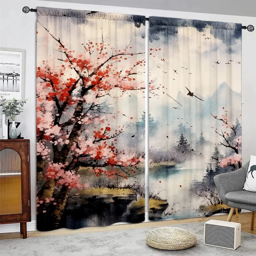 2pcs Chinese Mountain lnk Painting Print Curtain,  Digital Printing Curtains for Living Room Bedroom Kitchen Study, Home Decor