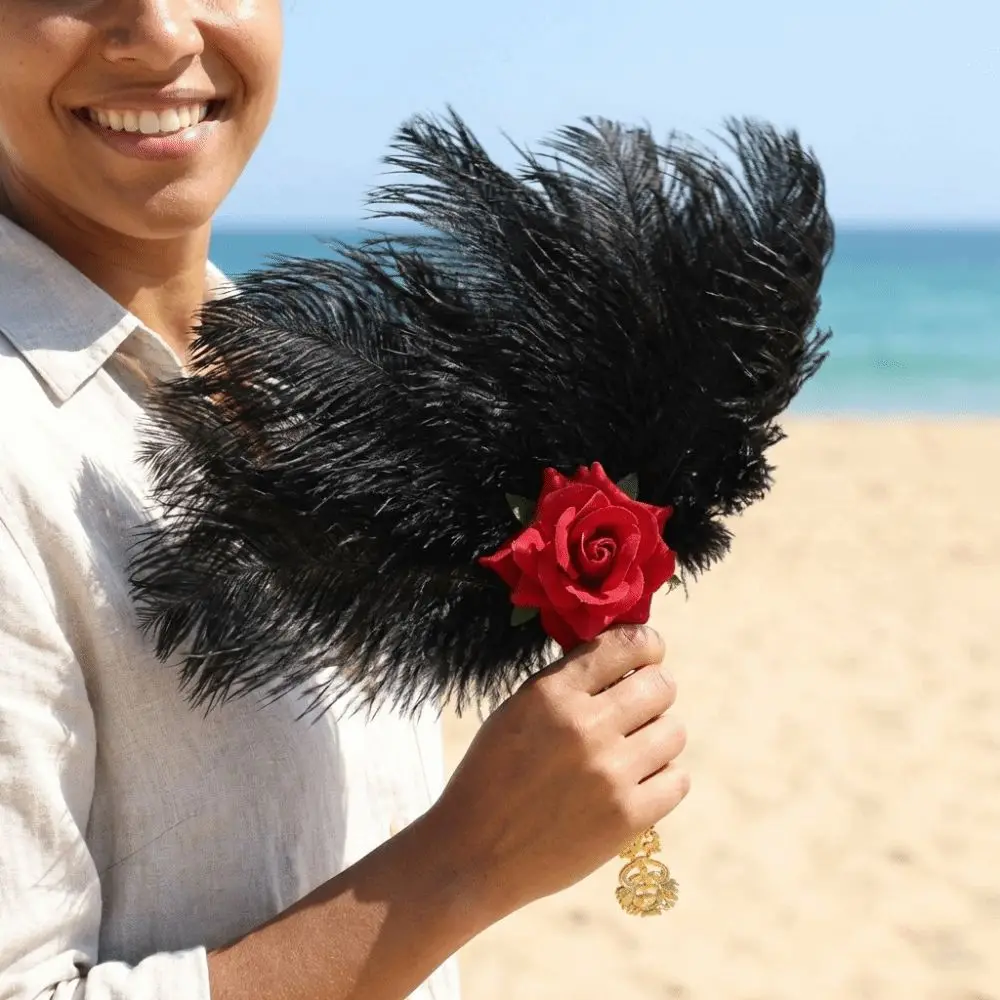 Gold Handle Ostrich Feather Fan Soft Fluffy Handmade Craft Chinese Hand Fan Fan Artificial Rose Feather Rose Fan