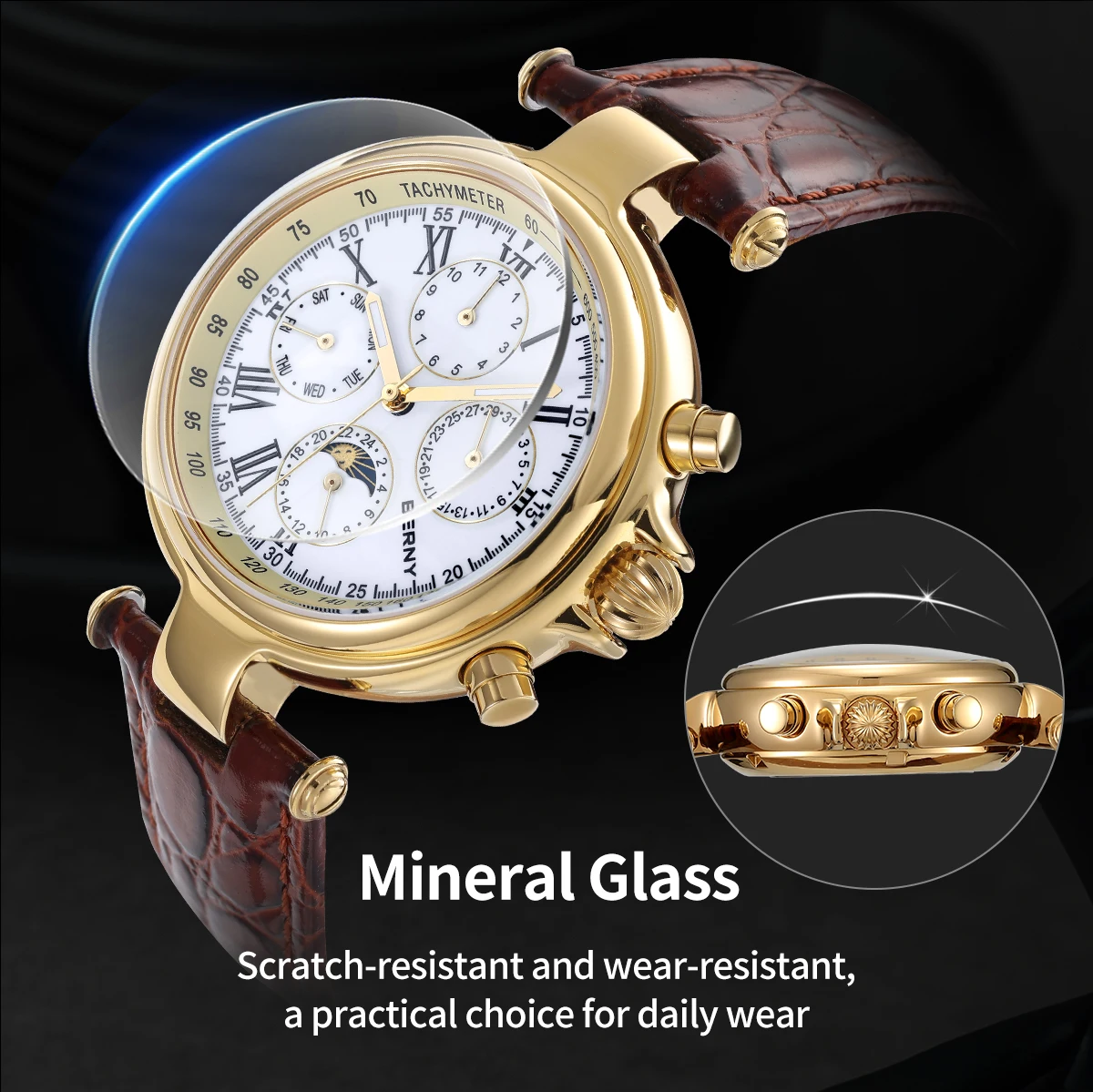 BERNY Retro Automatic Men's Watch Sun&Moon Phase Luminous ST1652 Classic Genuine Leather Luxury Mechanical Men's Dress Watches