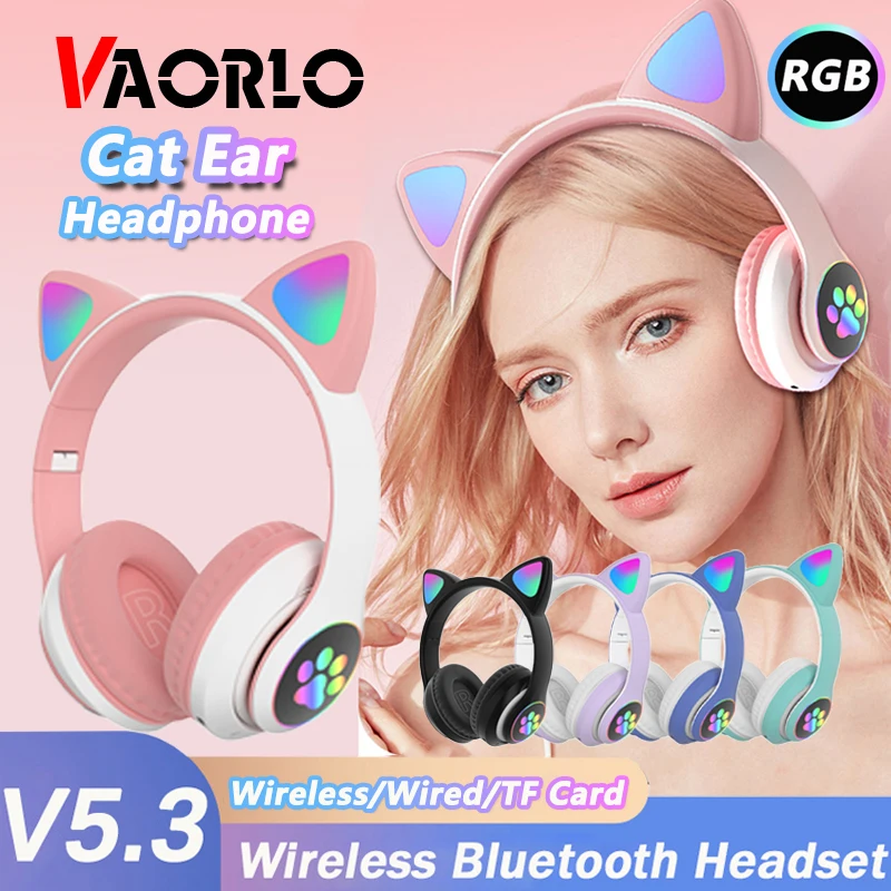 Flash Light Cute Cat Ear Headphones with Mic Kids Girl Stereo Phone Music Headset Gamer Bluetooth Headphone Girls Birthday Gift