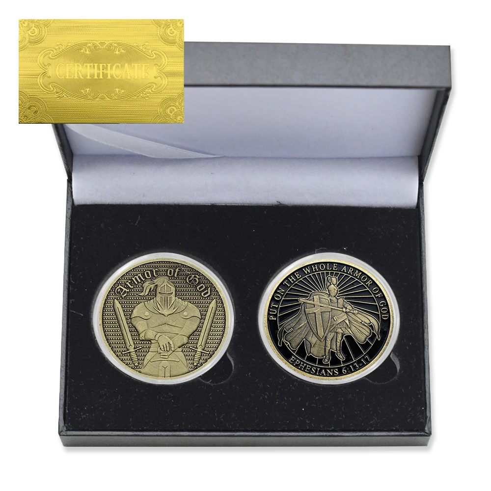 

2pc/box Medieval Templar Commemorative Coins Metal Vintage Ephesians 6:13-17 Collectible Coins Christian Gifts