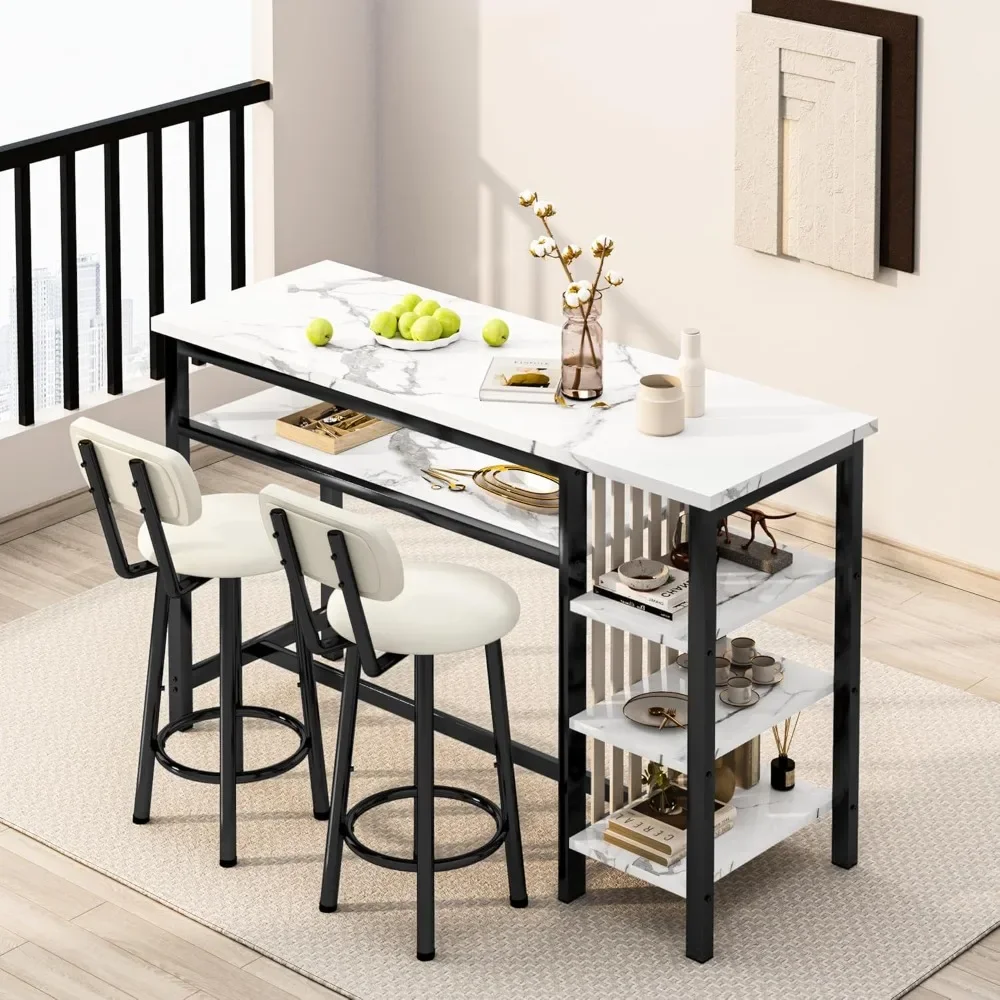 3-Piece Bar Table and Chairs Set, Modern Faux Marble Table with 2 PU Cushion Bar Stools, Kitchen Counter with 3 Tier Shelves