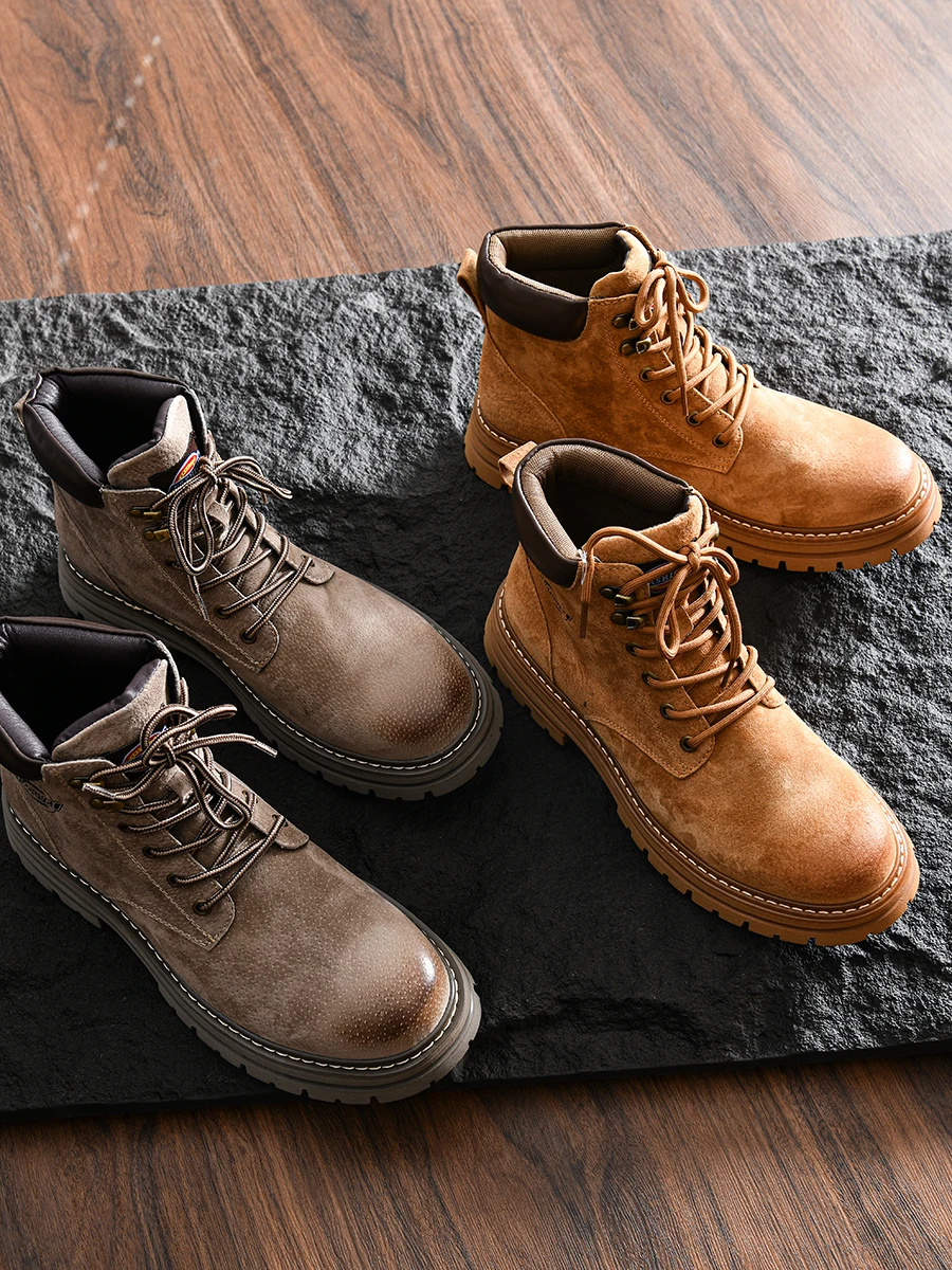 

Men's Casual Boots Windproof Warm Pig Eight Leather High Help Shoes Outdoor Leisure Rubber Outsole round Toe Boots
