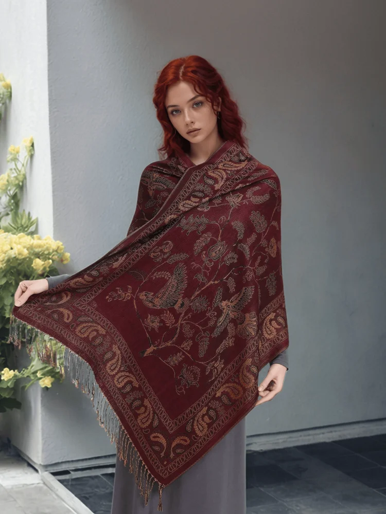 

Luxury Bohemia Pashmina Scarf Shawl Wrap Paisley Jacquard Flowers Reversible Classic Tassels For Women Muslim Hijab T099