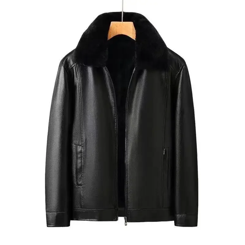 Winter Leather Jacket Fleece Warm PU Leather Coat Men's Long Sleeve Zipper Windproof Outerwear Luxury Motorcycle Jacket Black