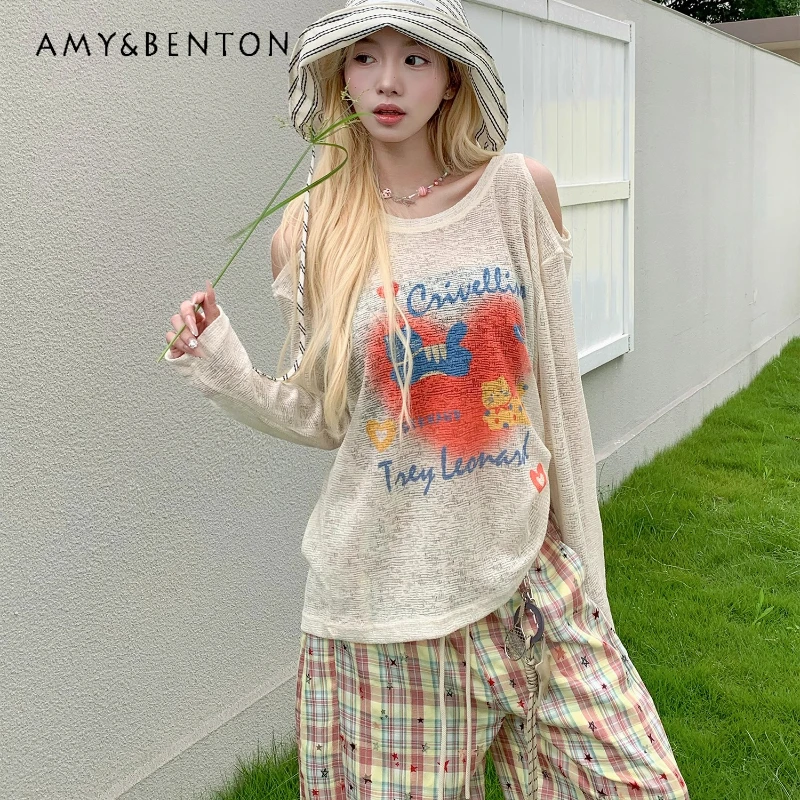 

New Apricot Heart Animal Print Off-Shoulder Thin Long Sleeve Women's T-Shirt Japanese Design Loose Wide-Leg Pants Set Ladies