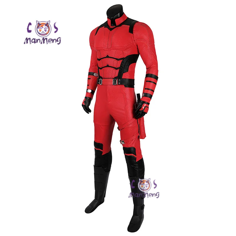 Daredevil Cosplay Costume Matt Murdock Red Leather Battle Suit Jumpsuit Belt Gloves Fullset Outfit Halloween Carnival Party Suit