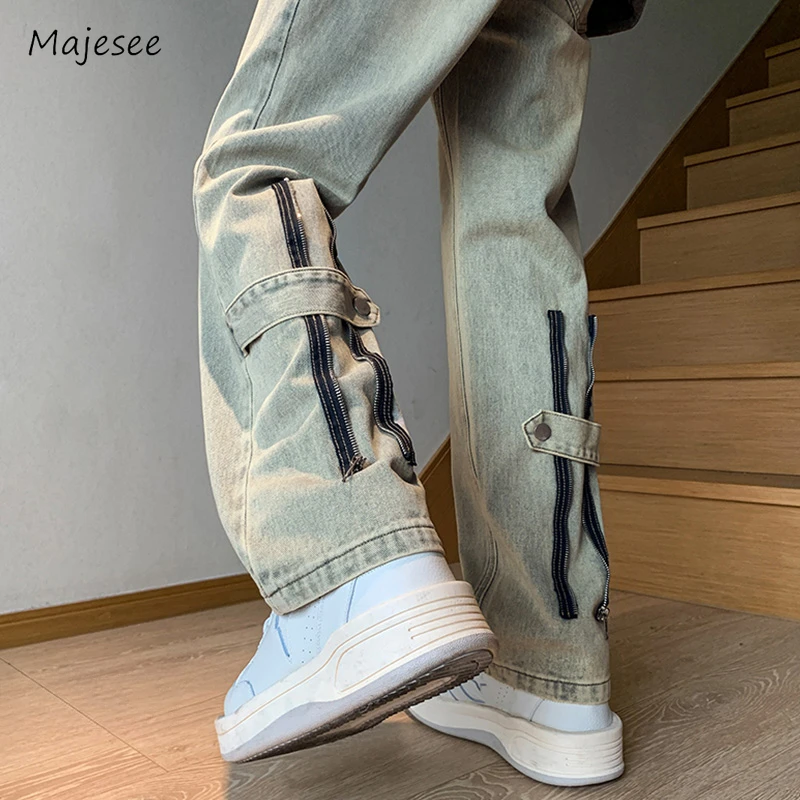 Men Jeans Patchwork Back Zipper Design Personality Streetwear Japanese Style Daily Harajuku Vibe Workout Retro Teenagers Y2K