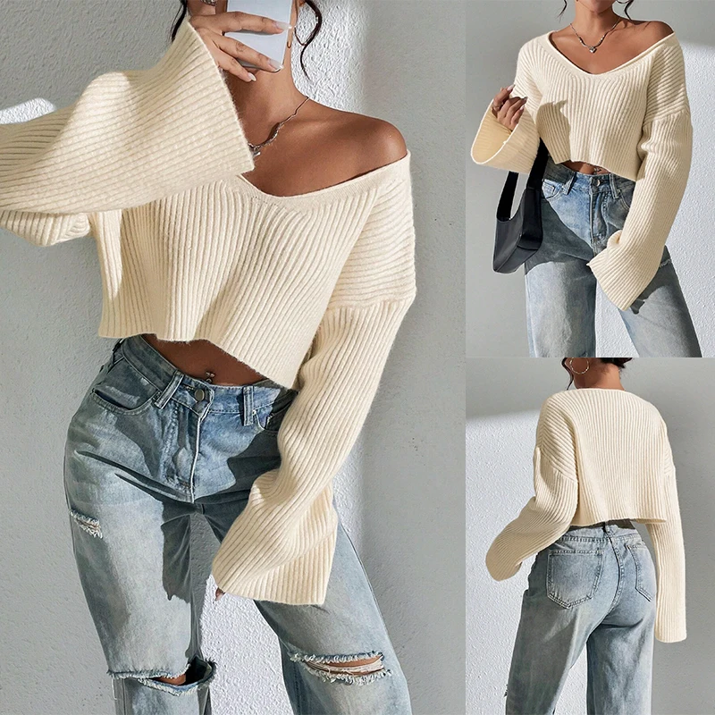 

Women's V-Neck Solid Color Knitted Sweater Loose Top with Striped Three-Dimensional Texture Fashionable Casual Sweater
