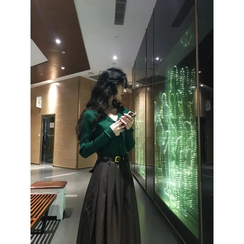 

Высококачественный небольшой женский модный вязаный свитер и кожаная юбка Fraance Sle, комплект из двух предметов на весну и осень E12036