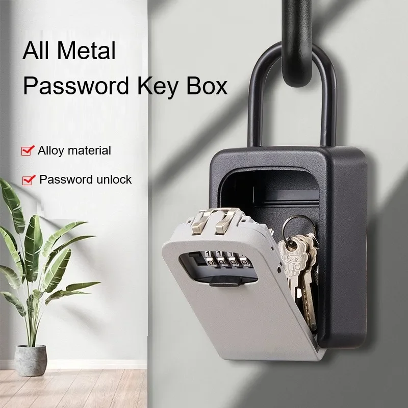 

Hanging Password Lock Box Key Box All Metal Storage Tank Outdoor Waterproof Strap U-shaped Hook Password Key Storage Boxes