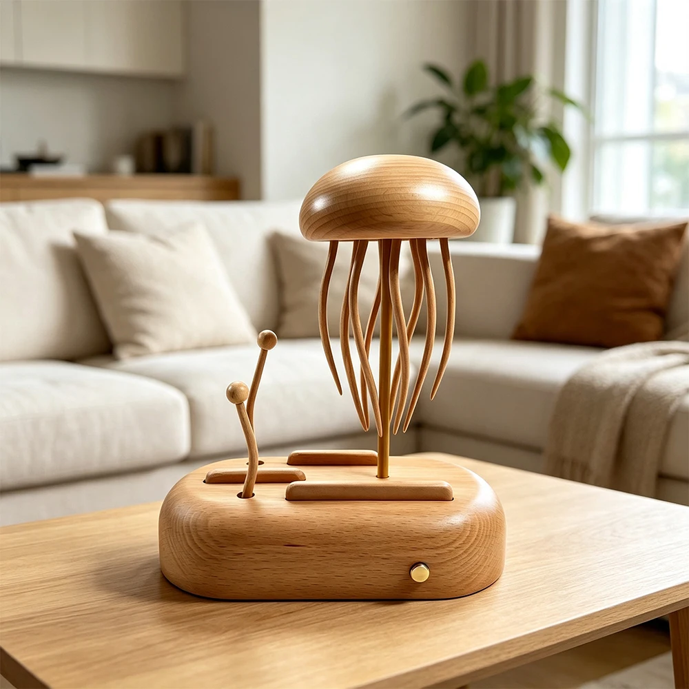 Handcrafted Wooden Jellyfish Automaton Kinetic, Machinery Sculpture with Animated Moving Tentacles,Office Desktop Decor Ornament