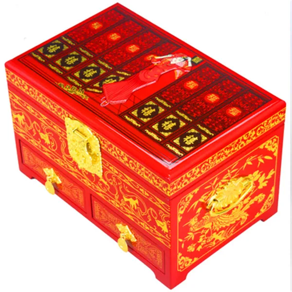 Chinese Retro 3 Layer Wood Wedding Jewelry Box with Mirror Drawer Dragon Phoenix Bride Painting Storage Display Box Gift Case