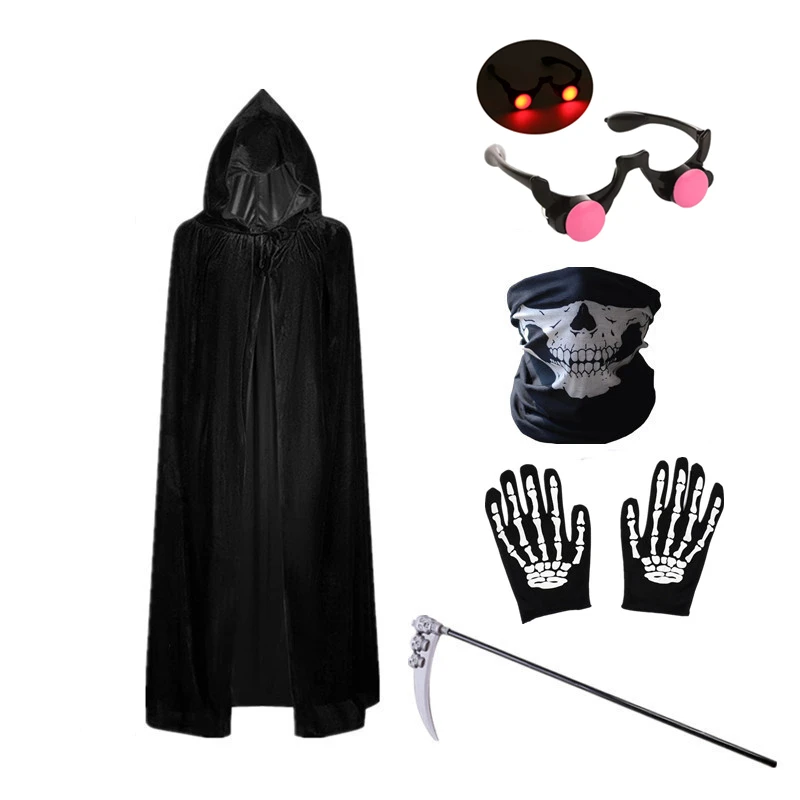 Enge Halloween-kostuums voor kinderen - Roodogige doodshoofdkap met kap en zeis Paaskaap met zeis en gloeiende bril