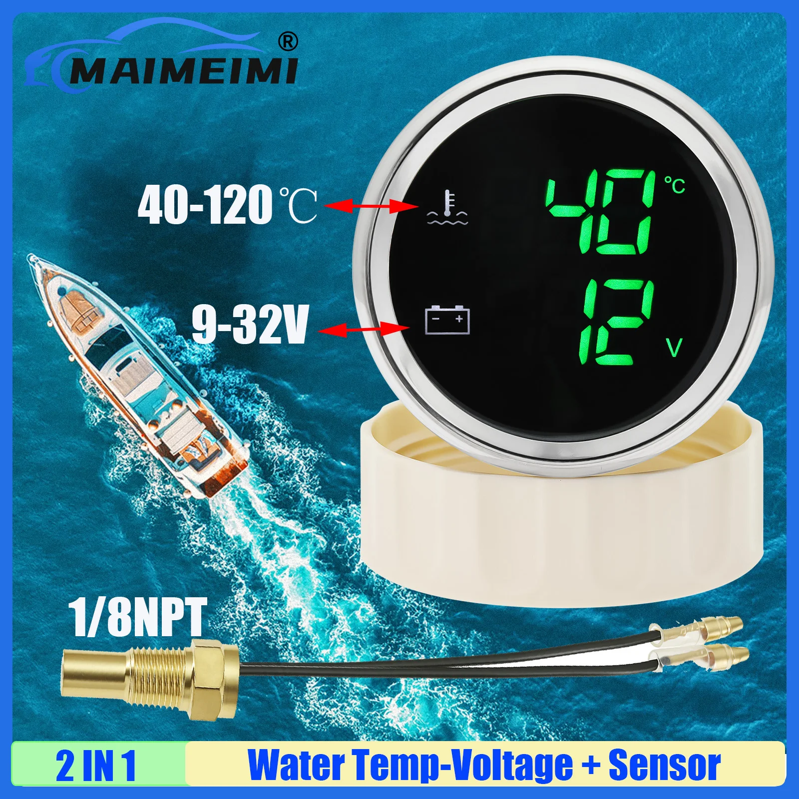 

Цифровой датчик давления MAIMEIMI 52 мм с двойной индикацией, зеленый LED, 40-120 ℃ Датчик температуры воды + вольтметр с сигнализацией для универсальных автомобилей, лодок, яхт
