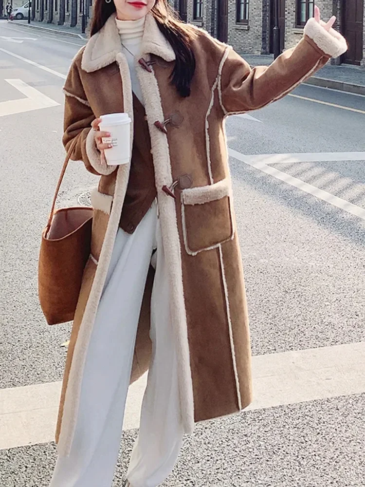 Winter Women Faux Suede Leather Jacket Casual Lady Vintage Loose Lapel Horn Button Long Outwear Lamb Wool Chamois Leather Coat