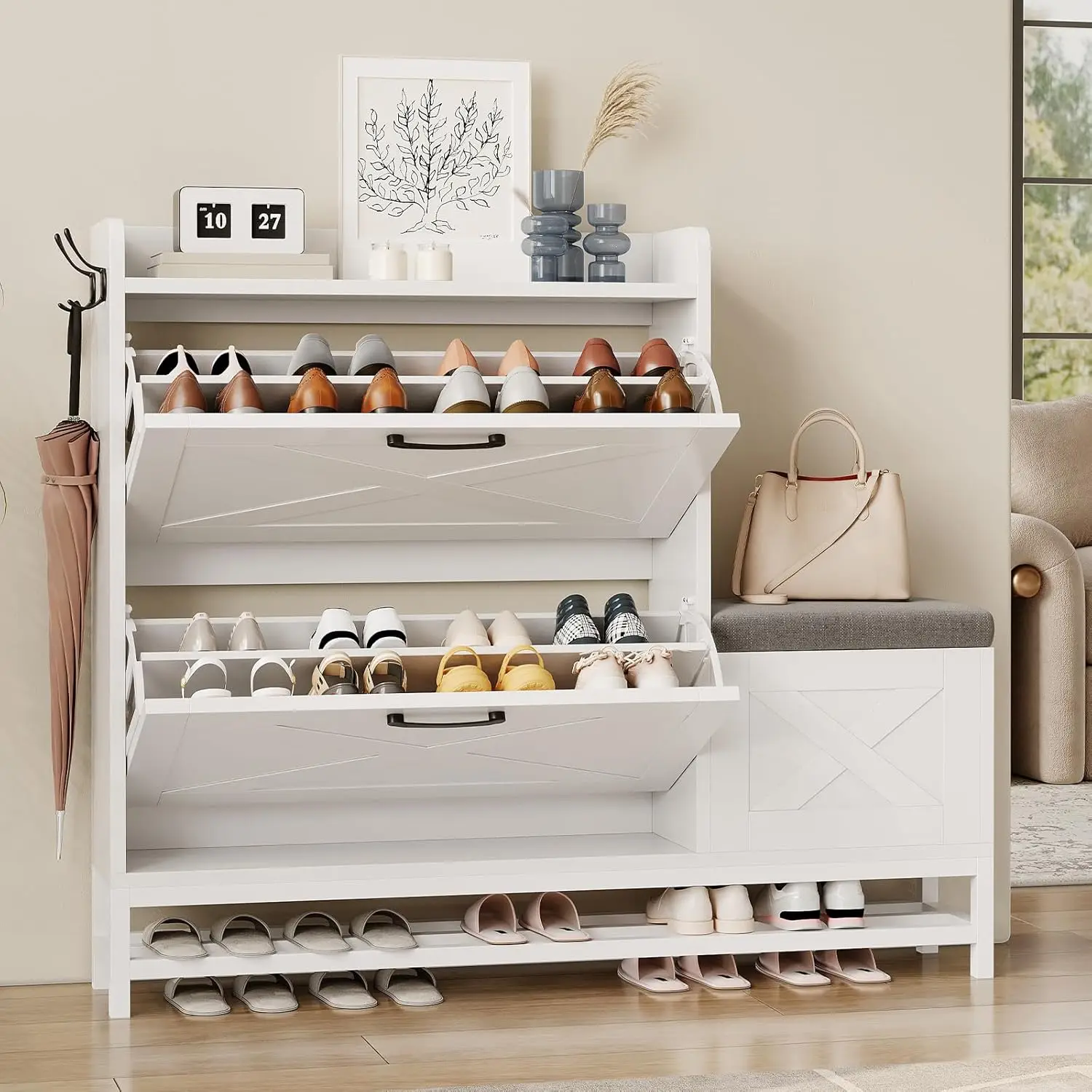 

Шкаф для обуви с двумя откидными ящиками и скамейкой для хранения, деревянная отдельно стоящая полка для обуви в фермерском доме с 2 крючками и нижней полкой для прихожей