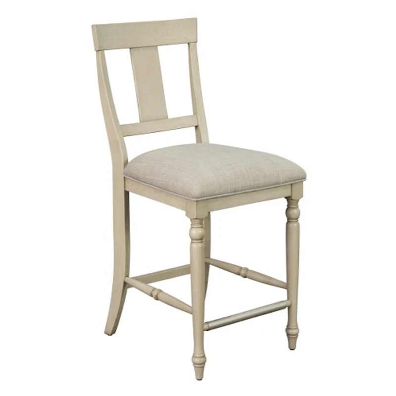 Farmhouse Counter Stool: Rustic Whitewash Upholstered Seat, Elegant Turned Wood Legs, Silver Metal Kick Plate, Assembly Required