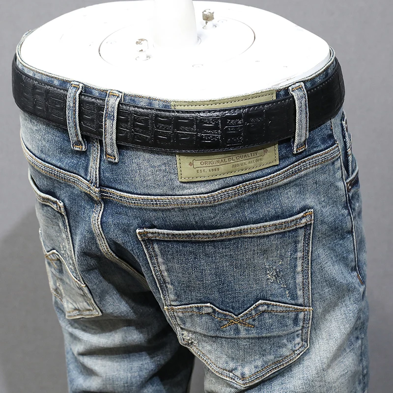 Italian Style Fashion Men Jeans High Quality Retro Washed Blue Stretch Slim Fit Ripped Jeans Men Vintage Designer Denim Pants