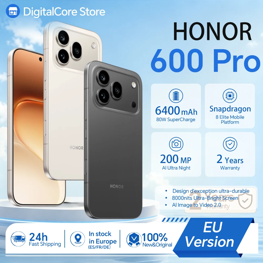 Smartphone HONOR 600 Pro 5G Version UE Snapdragon 8 Elite Écran AMOLED 6,57 pouces 6400 mAh 80 W SuperCharge 50 W sans fil 12 Go + 512 Go 200 MP IA Ultra Night Design unibody en métal eSIM Bouton IA