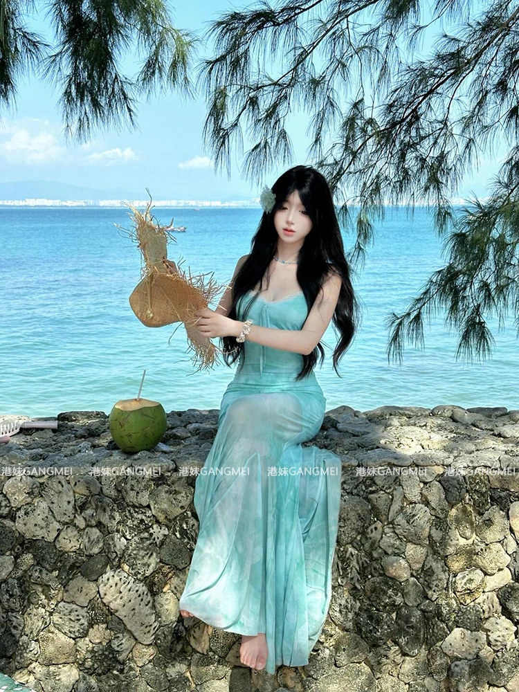 2025 estilo francês vestido verde claro feminino verão floral transparente sem mangas sereia praia sexy bodycon outfit