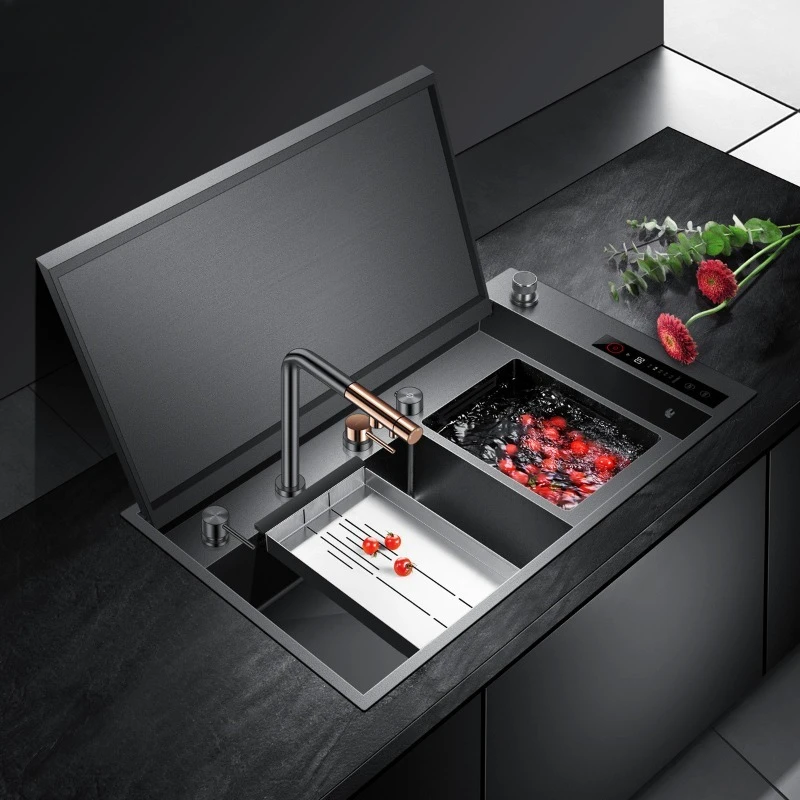 

Intelligent fruit and vegetable cleaning sink purification sink kitchen nano invisible belt cover plate large double slot