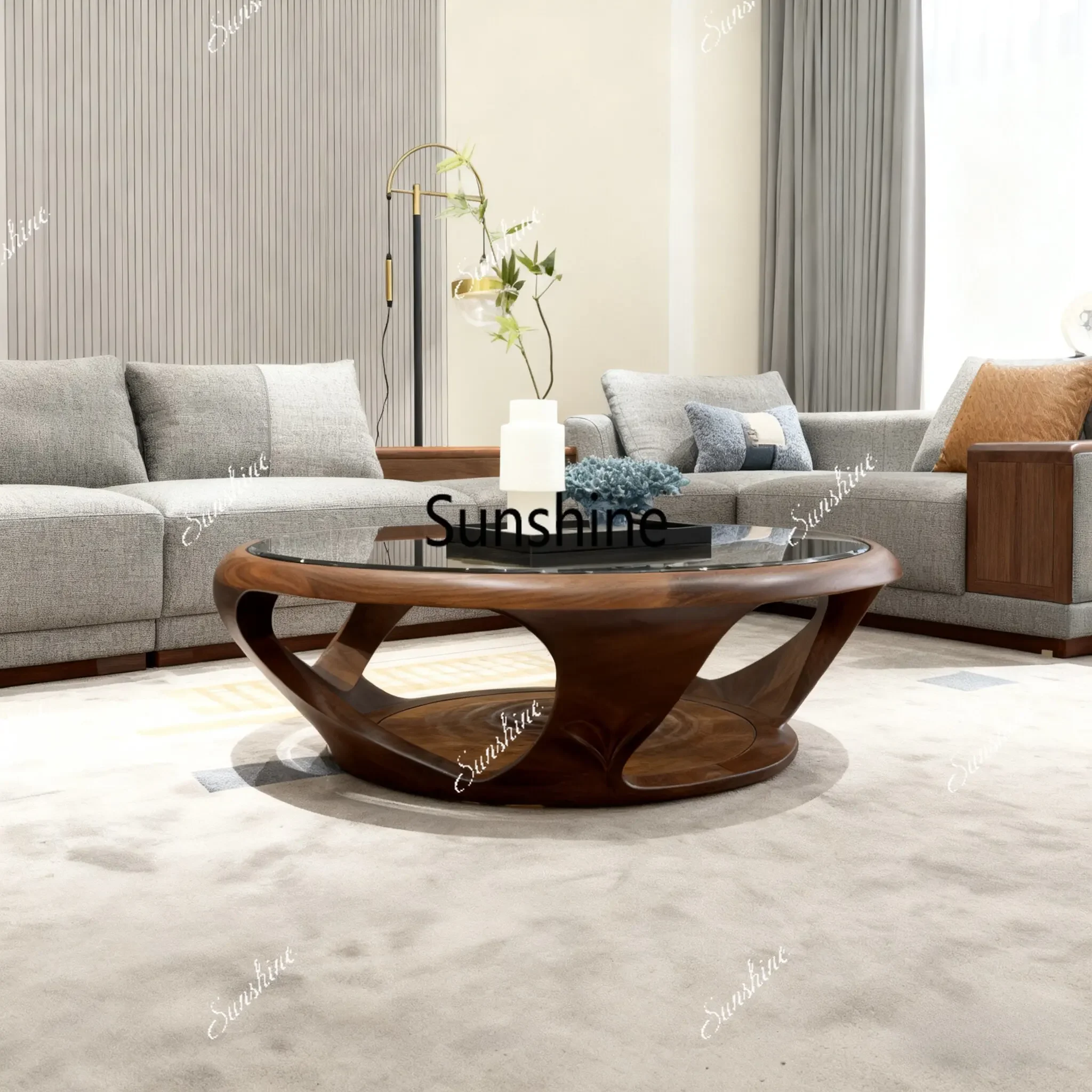 Italian minimalist all-solid wood coffee table round glass light luxury living room coffee tableTJ