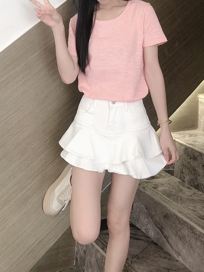 REDDACHiC Teen Girl Mini Short Ruffled Denim Skirt Pleated Plain White Jean Skirt Skort 2023 Summer New Korean Women Clothes