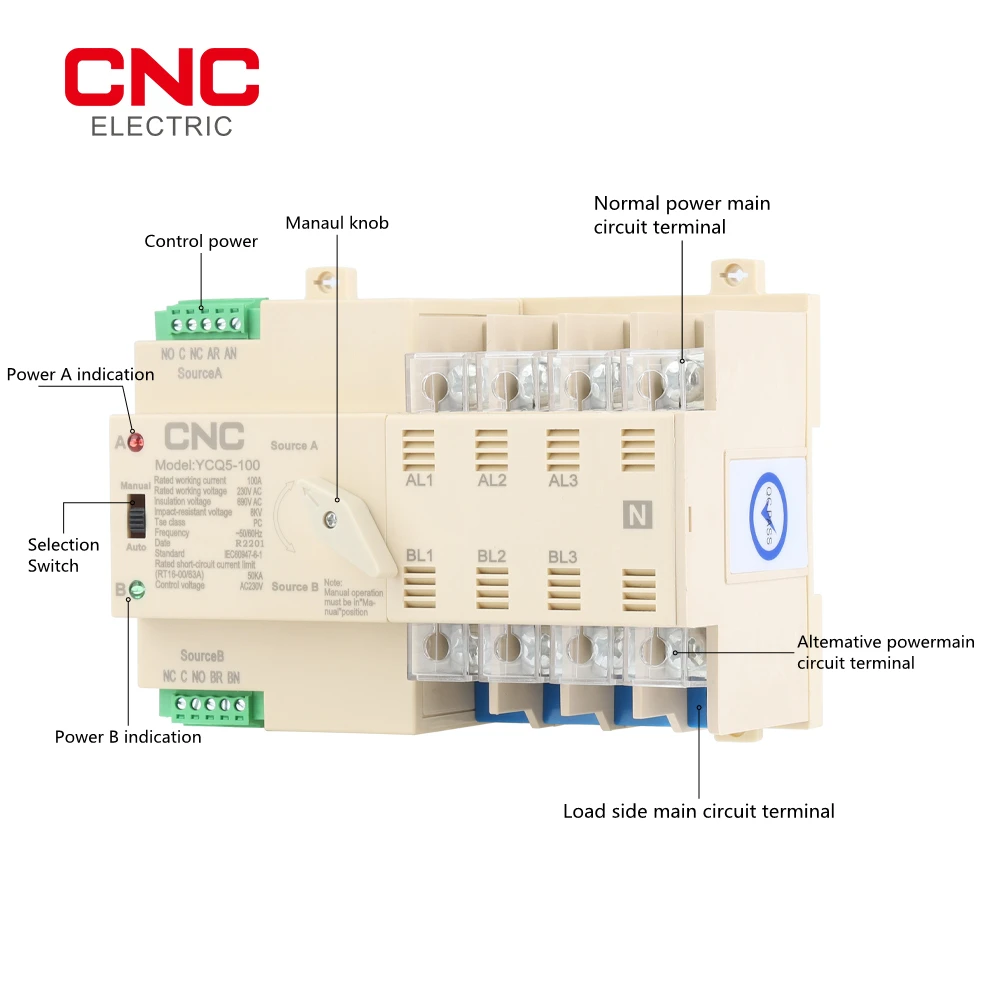 CNC YCQ5-100 4P ATS Dual Power Automatic Transfer Switch Uninterrupted Power Controller 63A 100A