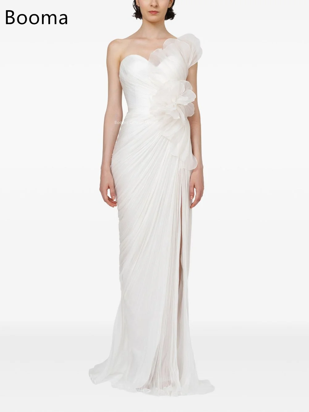 Booma Meerjungfrau, trägerlos, mit Falten, Blume, elegante Brautkleider, ärmellos, seitlich geteilt, Brautkleid nach Maß