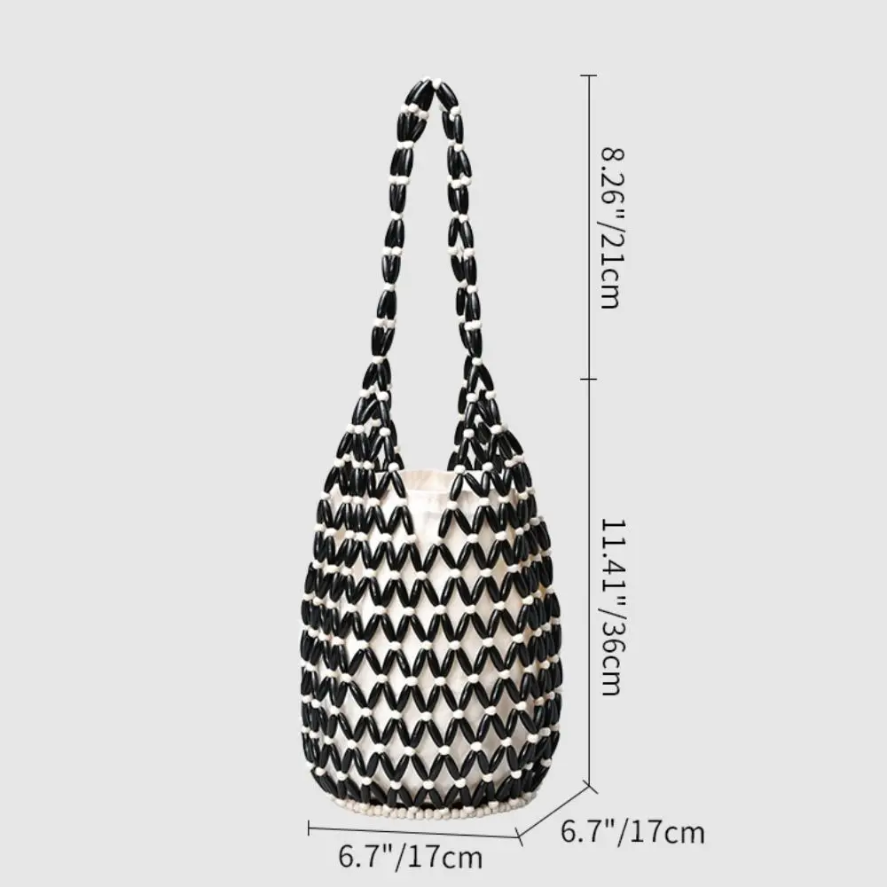 Trendy Bohemian Woven Hand Bag Female Style Exquisite Design Hollow-out Handbag Handmade Wooden Bead Tote Beach Outing