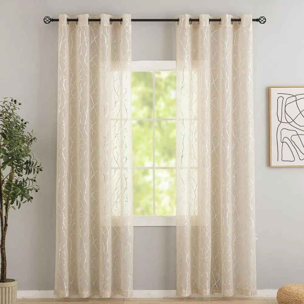 

Metallic Taupe Sheer Curtains 95 Inch Length 2 Panels Silver Shimmer Tree Branch Pattern Curtains for Living Room, Grommet Light