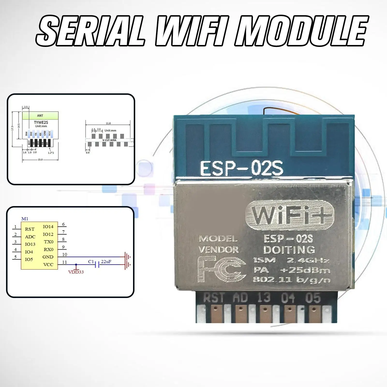 Módulo Wi-Fi sem fio, transmissão transparente, compatível com ESP8266, Pacote Serial Golden Finger, ESP8285, ESP-02S