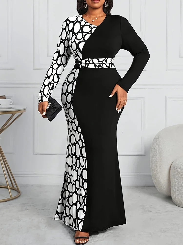 GIBSIE Plus Size Autumn V-neck Long Sleeve Mermaid Hem Bodycon Dress Women Black Contrast Print Elegant Maxi Dresses 2024 New